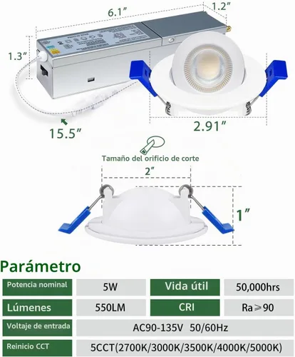 Vista 5 de zouzai Mini luz LED de cardán ajustable de 2 pulgadas, 5CCT seleccionable, rotación de 360° e inclinación de 90° para iluminación precisa Blanco