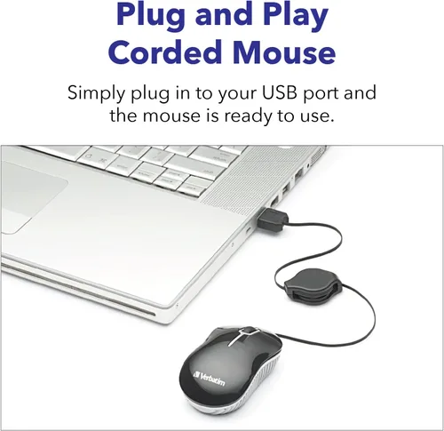 Vista 5 de Verbatim Ratón óptico con cable mini USB-A para computadora – Plug & Play con cable pequeño de viaje con cable retráctil – Negro 98113