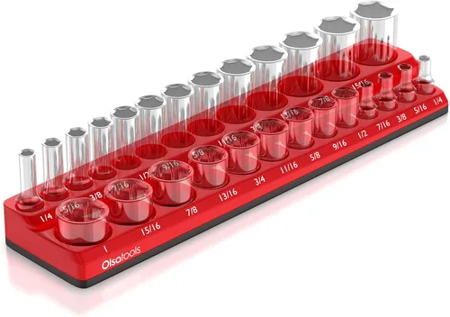 Vista 21 de Olsa Tools - Organizador magnético de llaves de vaso Con accionamiento de 1/4 pulgada Métrico Rojo Con capacidad para 26 llaves de vaso