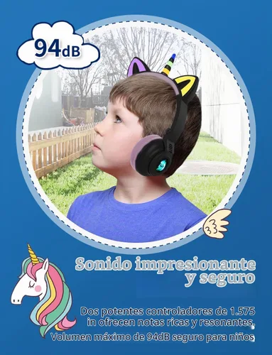 Vista 7 de Auriculares de unicornio para niñas, auriculares Bluetooth de unicornio para niños pequeños, portátil, teléfonos celulares, uso en avión Negro