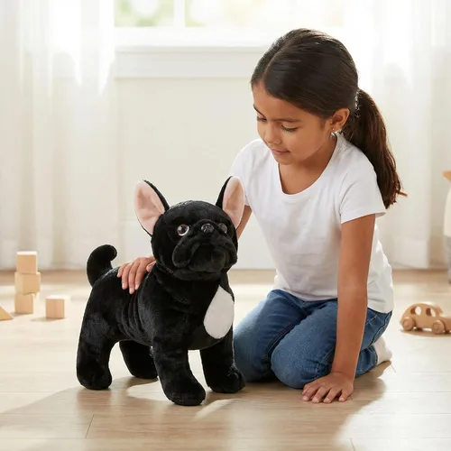 Vista 6 de Juguete de peluche de bulldog negro, realista de 13 pulgadas, animal de peluche de perro Bulldog negro, lindo juguete de peluche para cachorros