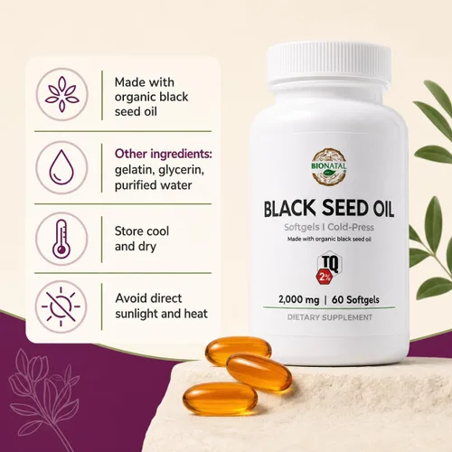 Vista 6 de BioNatal Sofgeles de aceite de semilla negra 2% de timoquinona (TQ) - Cápsulas blandas orgánicas de Nigella Sativa 2,000 mg Aceite de semilla