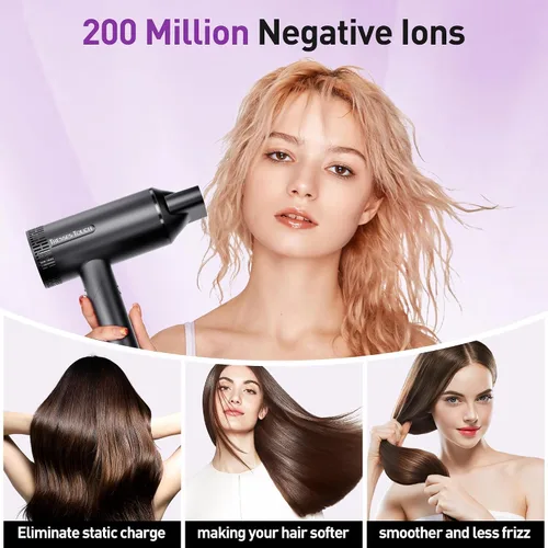 Vista 8 de Secador de pelo, secador iónico de alta velocidad, potente motor de 1600 vatios para secado rápido y cabello lacio y ondulado, plegable, ligero