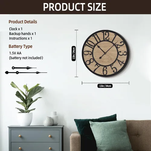 Vista 2 de Reloj de pared Maxstar para sala de estar, de metal y madera, rústico silencioso estilo granja con números arábicos, relojes de pared decorativos