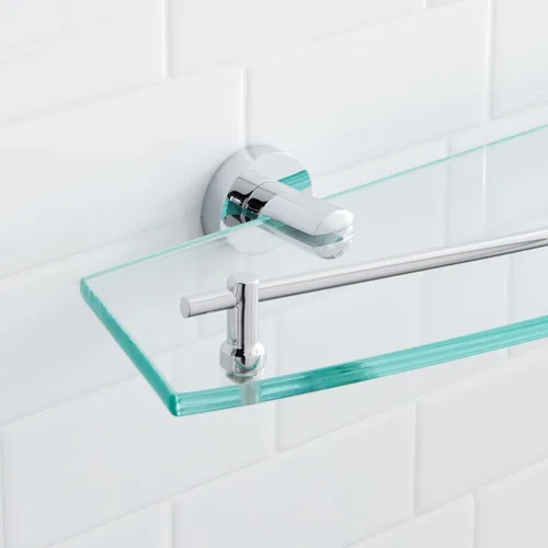 Vista 3 de Signature Hardware 296443 Ceeley - Estante de baño de cristal de 24 pulgadas, níquel cepillado cepillado níquel