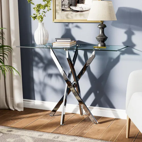 Vista 3 de Mesa consola de vidrio templado con patas cromadas, moderna mesa de sofá estrecha para entrada de pasillo (plateado, 39 x 18 x 30 pulgadas)