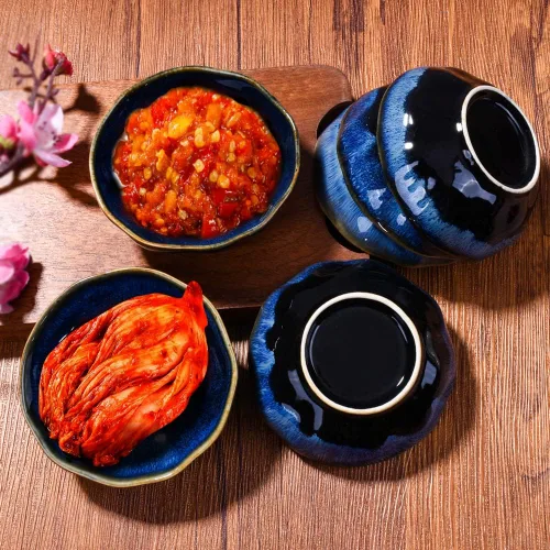 Vista 2 de Juego de 6 platos de cerámica para salsa de soja para condimentos de sushi (horno azul)