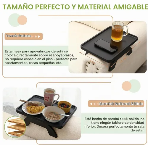 Vista 4 de Mesa de Brazo de Sofá SINWANT, Bandeja de Brazo de Sofá de Bambú para Respaldo, Bandeja con Clip de 13.78" para Sofá para Sala de Estar, Snack