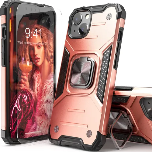 Vista 8 de Funda delgada para iPhone 13 / iPhone 14 con protector de pantalla, absorción de golpes, resistente a prueba de caídas, con soporte de automóvil
