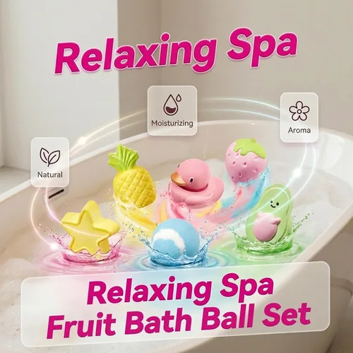 Vista 2 de Juego de 6 bombas de baño para mujer, juego de 6 piezas de barro volcánico y sal del mar muerto, cómoda y bonita bola de sal de baño de frutas