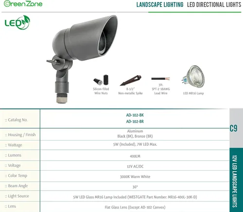 Vista 4 de Westgate Mfg. AD-102-BK 20W 12V Luz direccional con capucha de aluminio fundido, cuerpo sólido, color negro