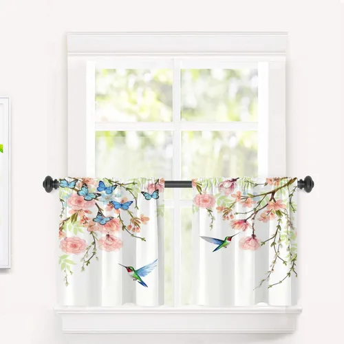 Vista 11 de Cortinas geométricas de cocina para ventanas, color negro, blanco, turquesa, cenefas opacas de poliéster multicapa para cocina, paquete de 2