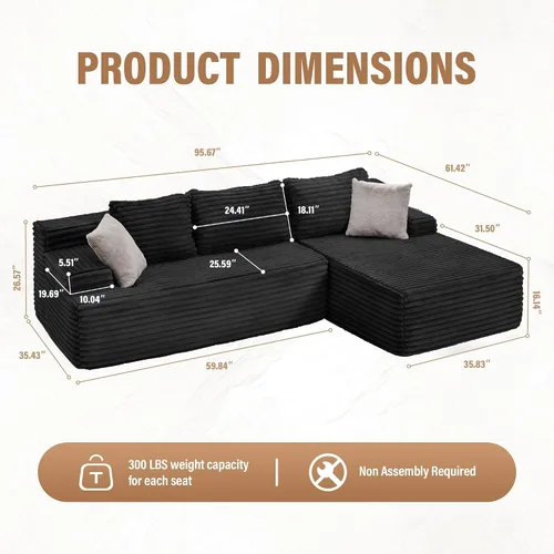 Vista 2 de Hobestluk - Sofá modular sin hueso, sofá seccional en forma de L 96" Right Facing Chaise Black,Memory Foam,Removable Cover,Non-slip Bottom,No