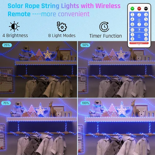 Vista 8 de Luces solares de cuerda para exteriores, impermeables, LED, 200 luces LED de cuerda solar, 72 pies, 8 modos con control remoto, flexible, tubo solar