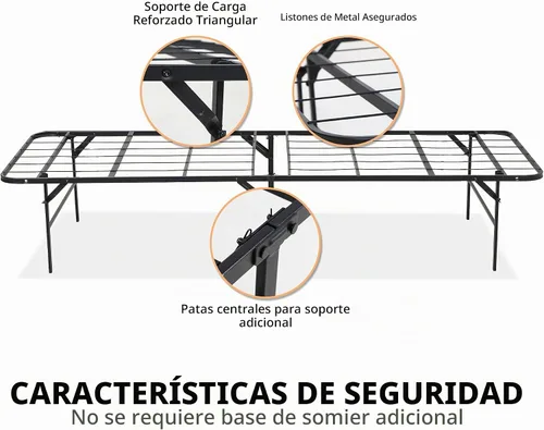 Vista 6 de Base de cama plegable de tamaño individual, base de cama de plataforma de metal negro, no necesita somier, base de cama de plataforma