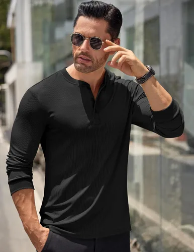 Vista 64 de COOFANDY Camisas Henley de manga larga para hombre, camisetas elásticas acanaladas, camisetas básicas casuales de moda