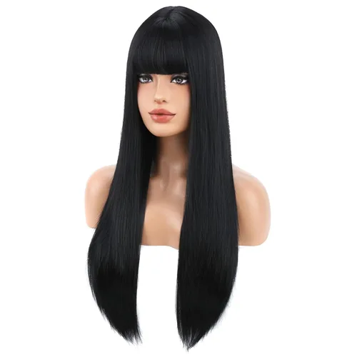 Vista 2 de BERON Pelucas negras de cabello largo liso con flequillo, para mujer, a la moda, resistente al calor, sintético, aspecto natural, para fiesta