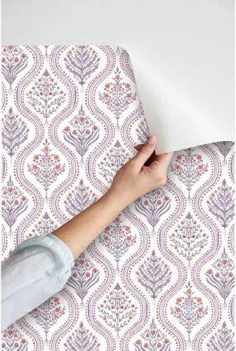 Vista 3 de Despegar y pegar papel tapiz Muestra, damasco botánico, elegante, jardín, lila, rojo quemado, escala media, Grandmillenial Ogee Papel pintado