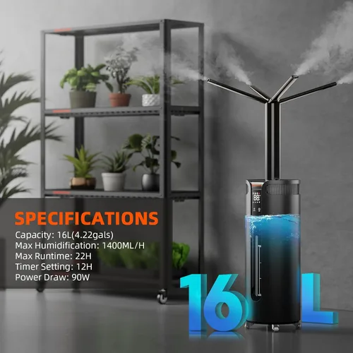 Vista 7 de Spider Farmer - Humidificador de 16L/4.2Gal con salida de 1400ML/H para tienda de cultivo de 2000 pies cuadrados, habitación grande, planta