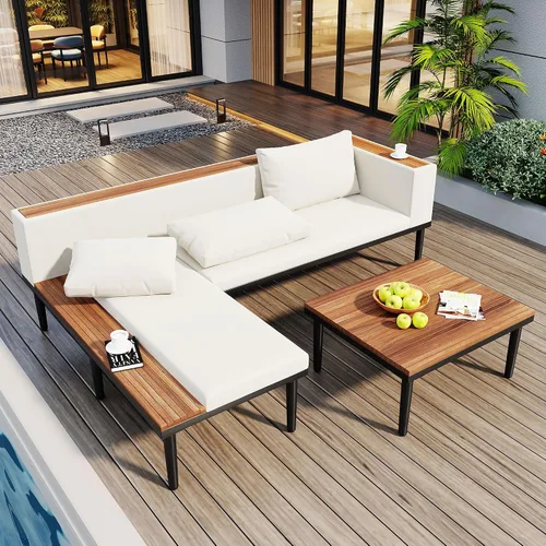 Vista 2 de KLMM Sofá modular de madera de acacia en forma de L para patio con cojines extraíbles y mesa auxiliar, juego de conversación al aire libre con mesa