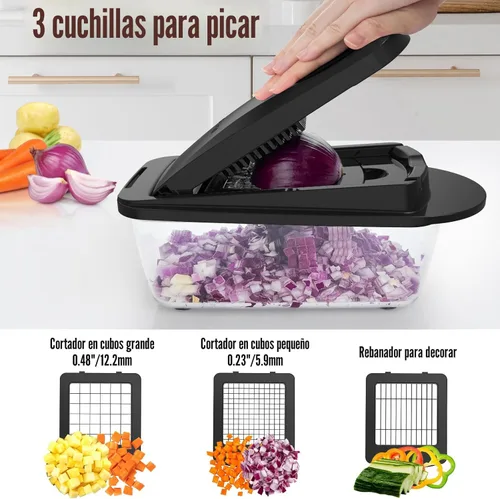 Vista 4 de Picador de verduras todo en uno de 8 cuchillas con contenedor, picador de alimentos, picador de cebolla, cortador de verduras para ensalada, Negro