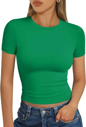 Vista 36 de Trendy Queen - Camisetas básicas para mujer, camisetas de verano 2025, de manga corta, ajustadas, para gimnasio, entrenamiento, ropa estilo Y2K