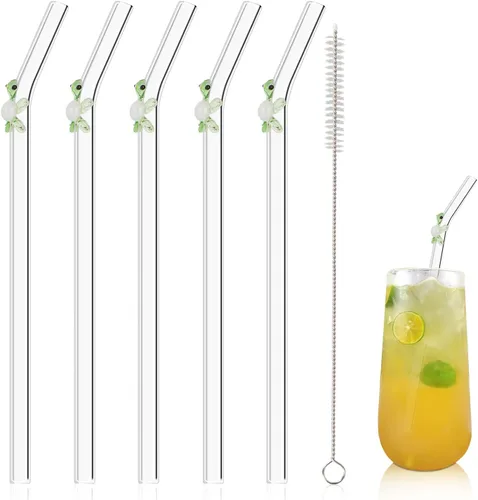 Vista 9 de 5 popotes reutilizables de vidrio transparente con diseño color cereza de 7.8" x 8mm con 1 cepillo de limpieza para batidos, zumos, jugos y tés
