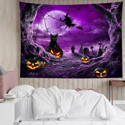 Vista 30 de LB Tapiz espeluznante de cementerio de Halloween, lápida aterradora con árboles muertos, tapiz de bosque para colgar en la pared, tapiz de fondo