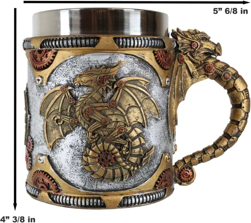 Vista 2 de Ebros Gift Fantasía Golden Steampunk Cyborg Dragón robótico en viaje a la luna Cerveza Stein Tankard Taza de café Calabozos y Dragones Victoriano