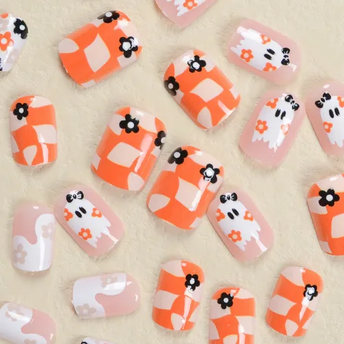Vista 2 de 24 uñas postizas cortas de Halloween a presión, uñas postizas brillantes para Halloween, uñas postizas cuadradas de fantasma, uñas postizas color11