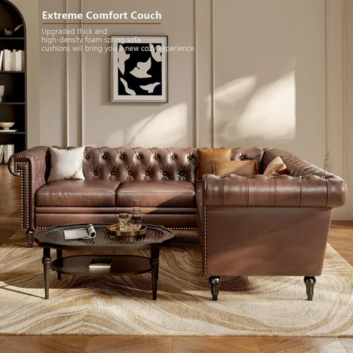 Vista 3 de Sofá modular Chesterfield de 85 pulgadas, sofá convertible de piel sintética en forma de L con cabeza de clavo copetuda y brazos enrollados, sofás