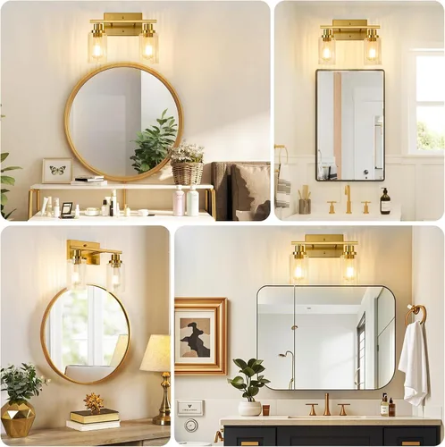 Vista 4 de Jonsi Accesorios de iluminación de baño dorados, 2 luces de tocador de oro cepillado con pantalla de vidrio estriada, luces modernas sobre espejo