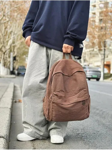 Vista 3 de Mochila de lona para mujeres y hombres, linda mochila vintage para laptop universitaria, hippie, grunge, casual, mochila de viaje, Marrón, Mediana