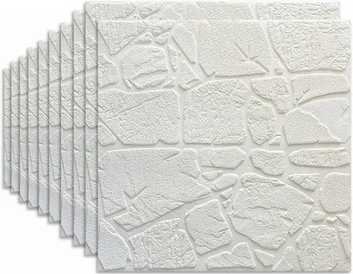 Vista 8 de Paquete de 10 paneles de pared autoadhesivos de ladrillo 3D, color blanco, 27.6 x 27.6 in, moderno, impermeable, aspecto de piedra, efecto 3D