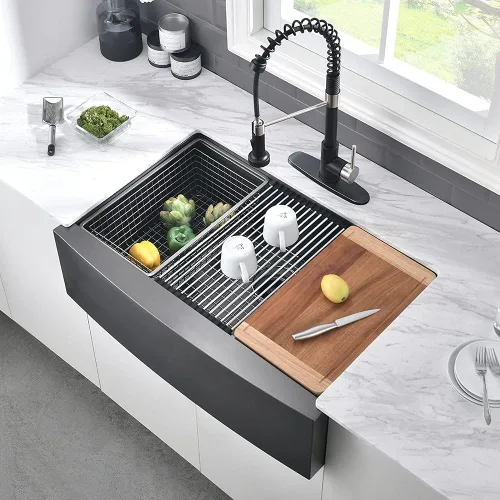 Vista 2 de Fregadero negro de 24 pulgadas para casa de campo, fregadero de cocina de 24 x 22 pulgadas con delantal frontal, acero inoxidable de calibre 16