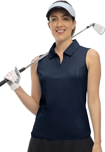 Vista 3 de YSENTO Camisas de golf sin mangas para mujer, ropa con cuello de 14 con cremallera de secado rápido, camisas polo de tenis
