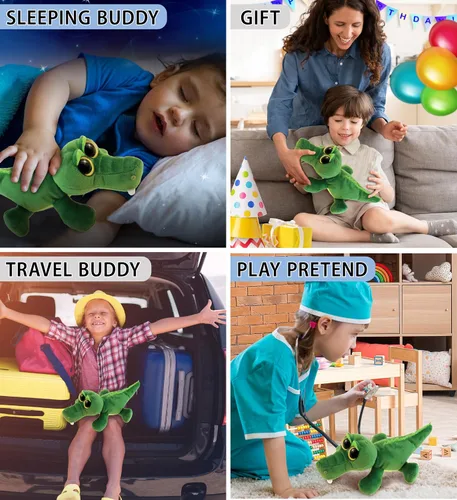 Vista 4 de DolliBu - Animal de peluche de cocodrilo verde, súper suave, ojos grandes abrazables para niños y adultos, 6 pulgadas