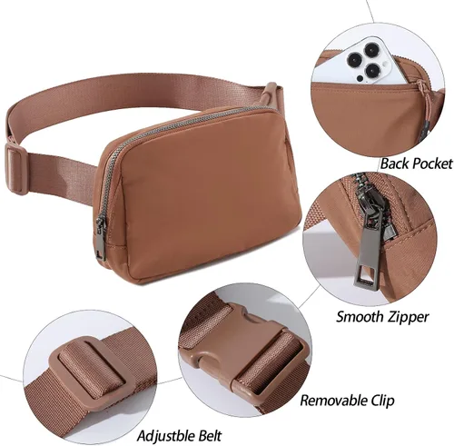 Vista 5 de Riñonera cruzada para mujeres y hombres, bolsas para cinturón en todas partes con correa ajustable, mini cangureras unisex a la moda, Marrón, A