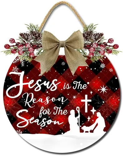 Vista 8 de Adorno de Navidad para colgar en la puerta, adornos de pesebre, Jesucristo el Salvador ha nacido, letrero de puerta delantera, decoración
