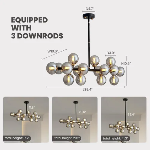 Vista 6 de 16 Luces Araña Moderna de Mediados de Siglo Negro Araña Lineal Accesorios de Iluminación Globo de Vidrio Luz Colgante Sputnik para Comedor Isla