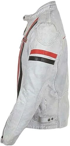 Vista 2 de Chaqueta de piel auténtica para hombre, color blanco, estilo Cafe Racer