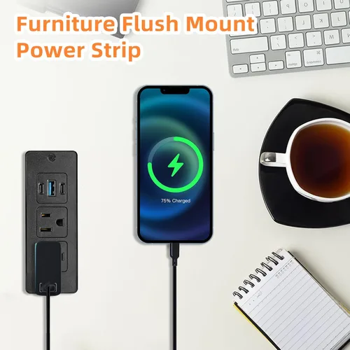 Vista 5 de Regleta de alimentación empotrable, salida de muebles USB-C de 20 W, color negro, 3 pies 2 AC + 3 USB (2 USB-C, 1 USB-A), Flush Mount