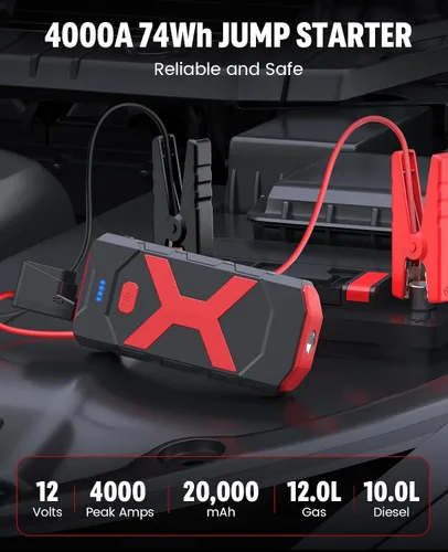 Vista 2 de BOOKOO 4000A 12V batería de coche arrancador 20000mAh para coche barco cortacésped 12L Gas - 10L Diesel Engines - Jumper Cables - Quick Charging USB