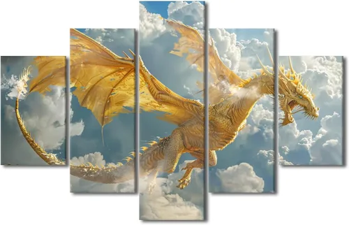 Vista 26 de Lienzo decorativo para pared de sala de estar, lienzo de dragón, 5 paneles, dragón verde, decoración de pared para el hogar, decoración de pared