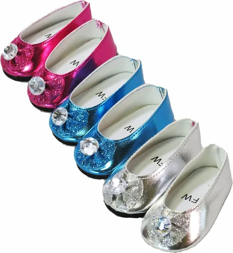 Vista 5 de American Fashion World Zapatos planos con lazo de diamante metálico rosa intenso, lavanda y verde azulado para muñecas de 14 pulgadas, paquete de 3