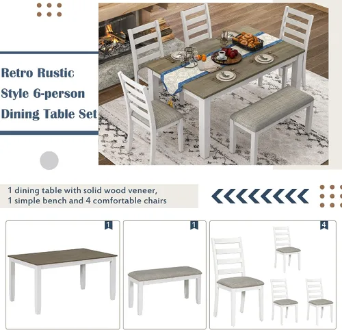 Vista 5 de Harper & Bright Designs Juego de mesa de comedor de granja de 6 piezas con banco, mesa de comedor de madera con 4 sillas y un banco para cocina