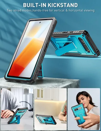 Vista 6 de FITO Funda para Google Pixel 7A, funda de doble capa a prueba de golpes resistente con soporte integrado, sin protector de pantalla (azul)