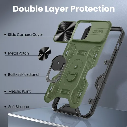 Vista 7 de VEGO Funda con soporte para iPhone 13 Pro Max / 12 Pro Max de 6.7 pulgadas con cubierta deslizante para lente, soporte de anillo giratorio de 360