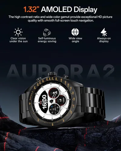 Vista 3 de Aurora 2 - Reloj inteligente para hombre, responder/hacer llamadas, pantalla AMOLED HD de 1.32 pulgadas, reloj inteligente de 350 mAh, monitor