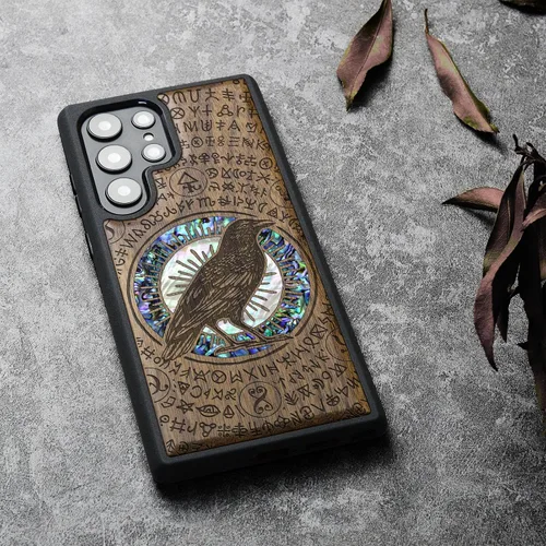 Vista 3 de Carveit Funda de madera para Samsung Galaxy S22 Ultra [grabado de madera e incrustaciones de carcasa] Funda de madera compatible con cargadores